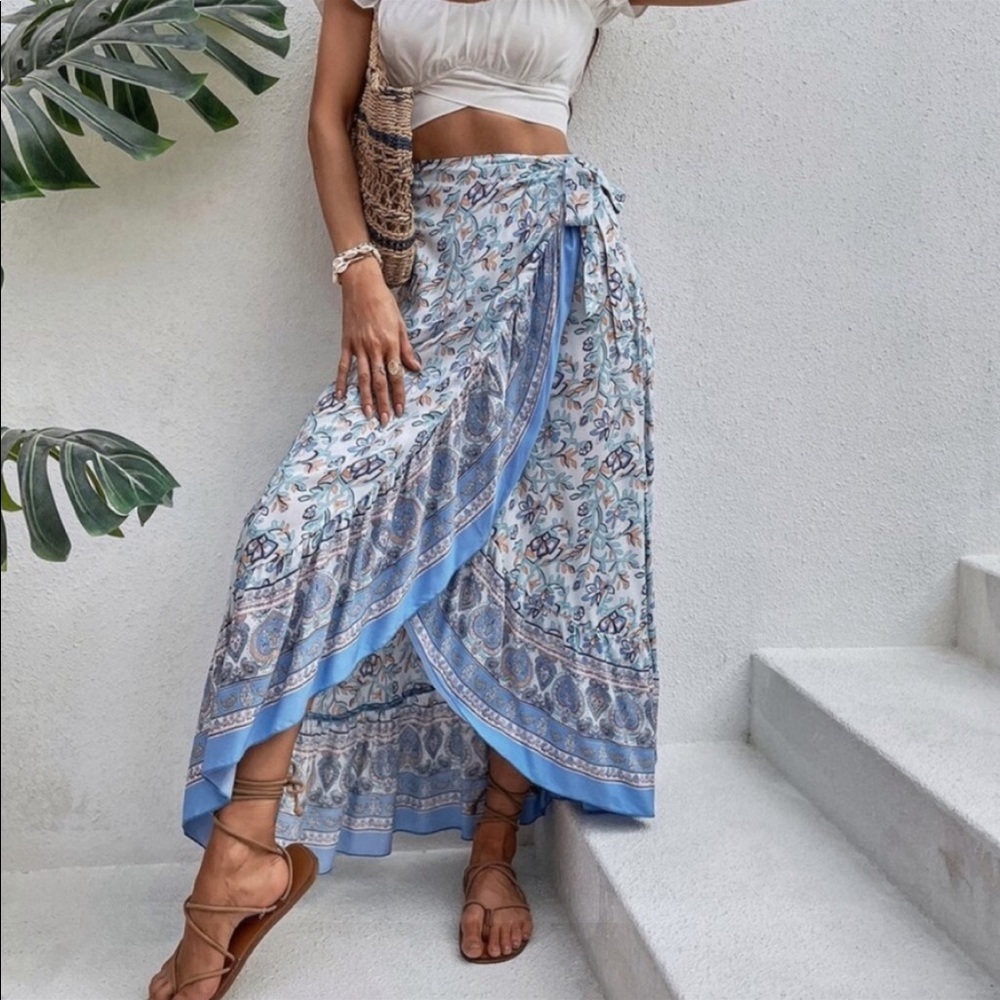 Boho Blue Floral Print Ruffle WRAP Maxi Skirt - Picture 2 of 10